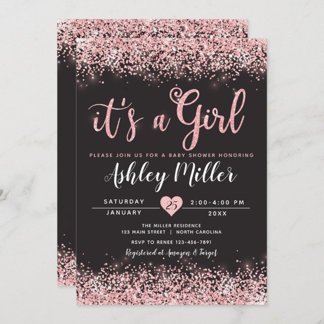 Invitation Baby shower fille rose noir chic (Devant / Derrière)
