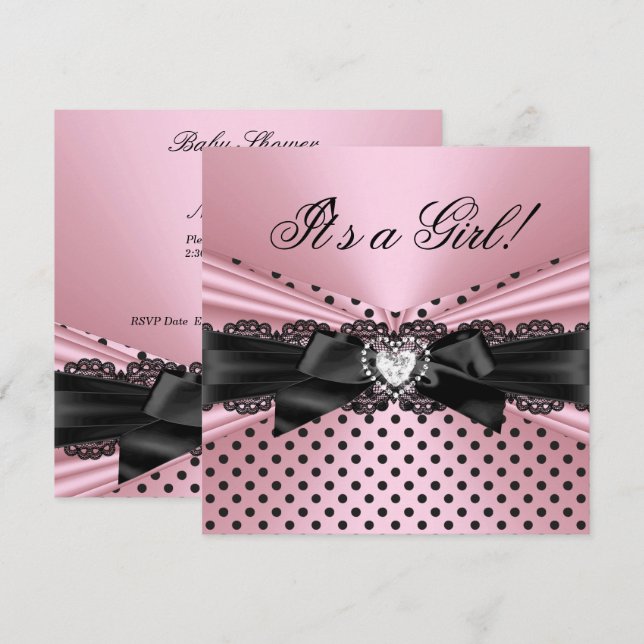 Invitation Baby Shower Fille Rose Noir Dentelle Points (Devant / Derrière)