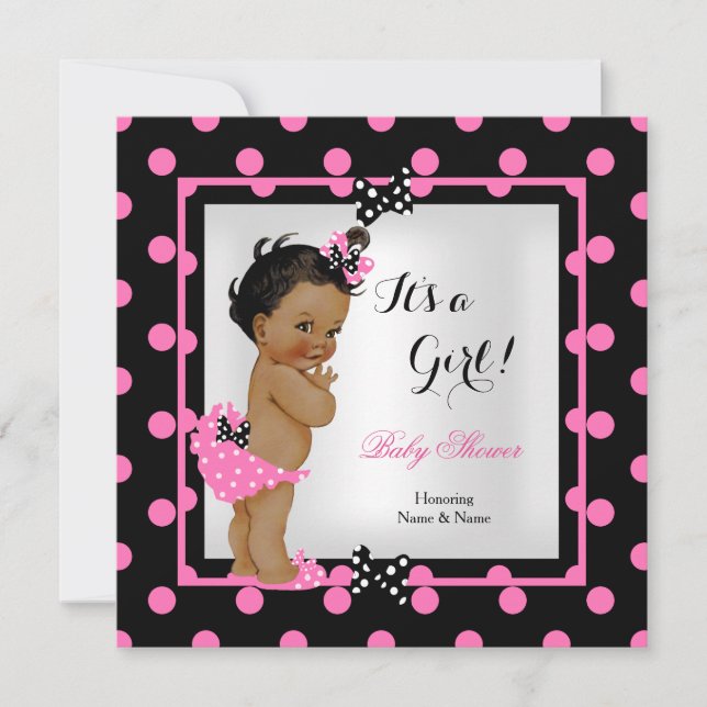Invitation Baby Shower Fille Rose Noir Points Ethniques (Devant)