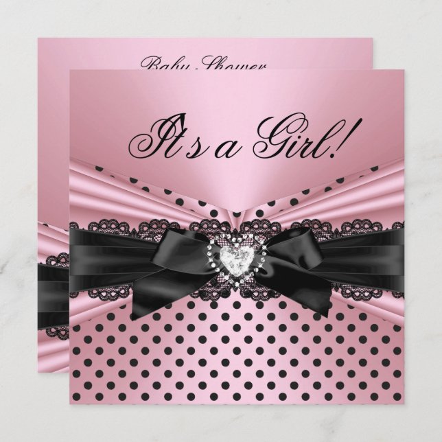 Invitation Baby shower fille rose noir Pois de dentelle (Devant / Derrière)