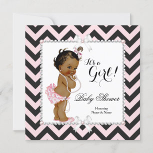 Invitation Baby Shower Fille Rose Noir Rayure Blanc Ethnique