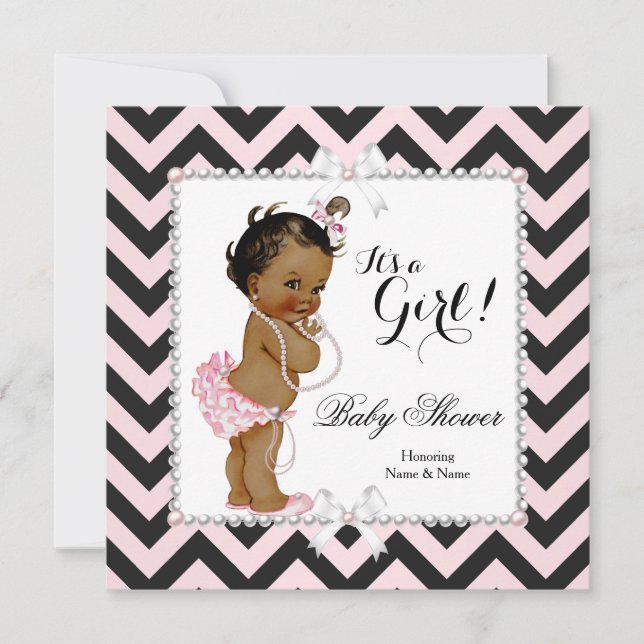 Invitation Baby Shower Fille Rose Noir Rayure Blanche Ethniqu (Devant)