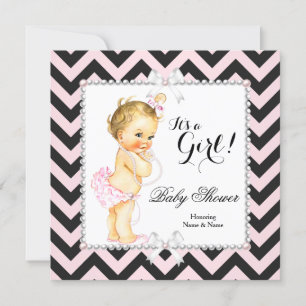 Invitation Baby shower fille rose noire bande blanche Blonde