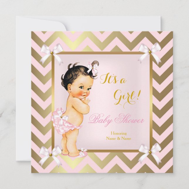 Invitation Baby Shower Fille Rose Or Chevron Brune (Devant)