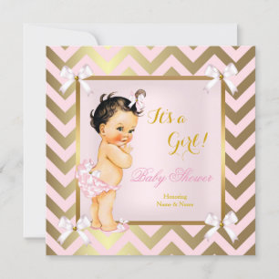 Invitation Baby Shower Fille Rose Or Chevron Brune