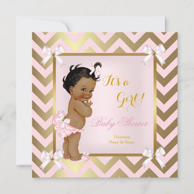 Invitation Baby Shower Fille Rose Or Chevron Ethnique (Devant)