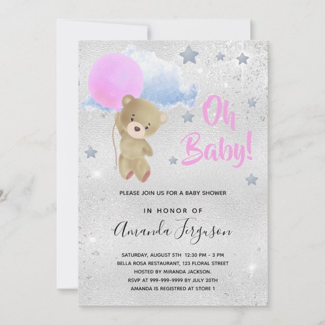 Invitation Baby shower fille rose ours en peluche argent (Devant)