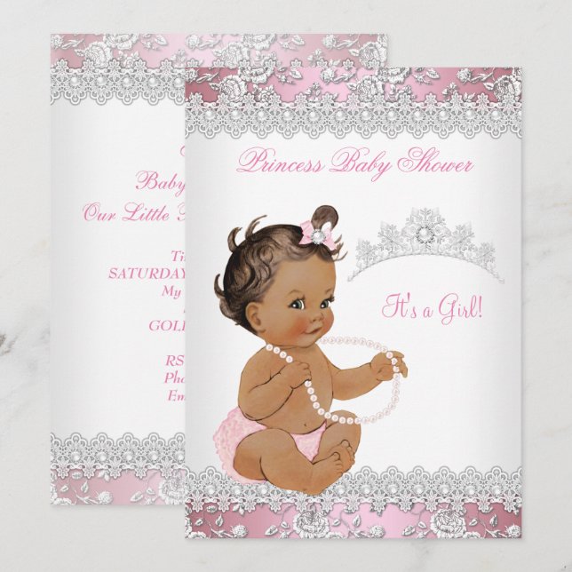 Invitation Baby Shower Fille Rose Perle Argent Rose Brune (Devant / Derrière)