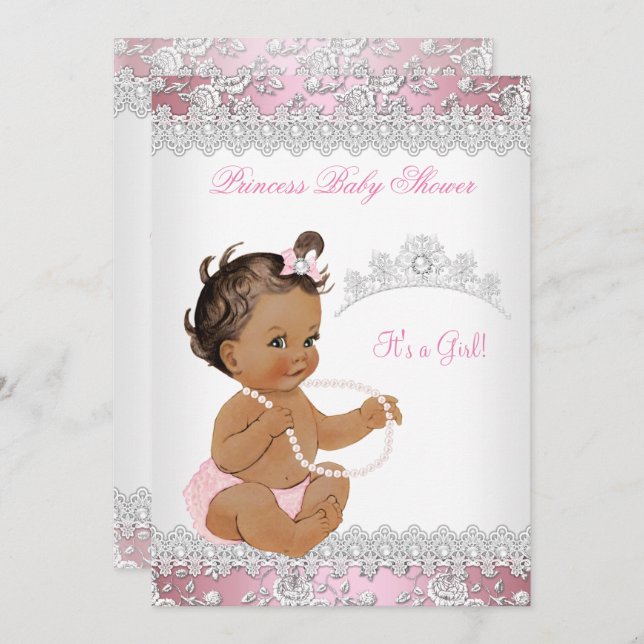 Invitation Baby shower fille rose perle argent Rose Brunette (Devant / Derrière)
