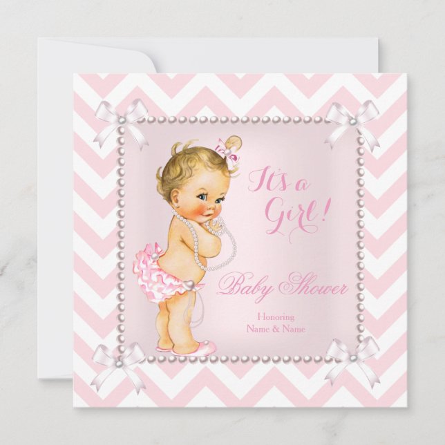 Invitation Baby Shower Fille Rose Perle Blanche Chevron Blond (Devant)