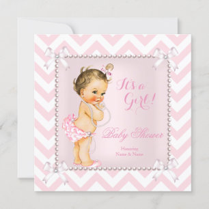 Invitation Baby Shower Fille Rose Perle Blanche Chevron Brune