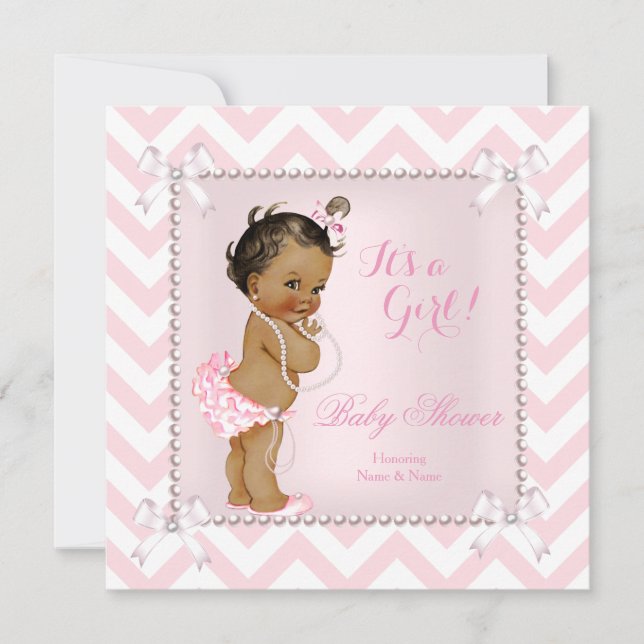 Invitation Baby Shower Fille Rose Perle Blanche Chevron Ethni (Devant)
