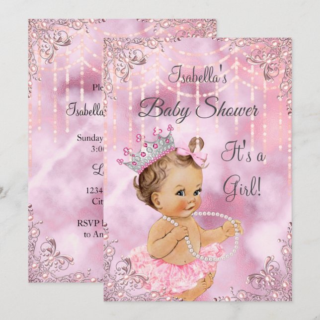 Invitation Baby Shower Fille Rose Perle Brunette (Devant / Derrière)