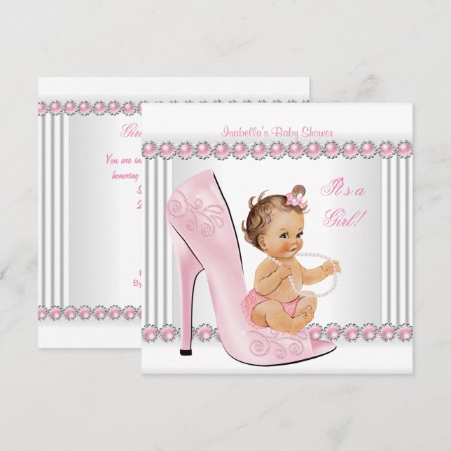 Invitation Baby shower fille rose perle haute talon chaussure (Devant / Derrière)
