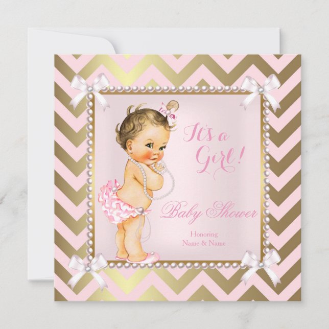 Invitation Baby shower fille rose perle or Chevron Brunette (Devant)