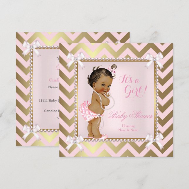 Invitation Baby Shower Fille Rose Perle Or Chevron Ethnique (Devant / Derrière)