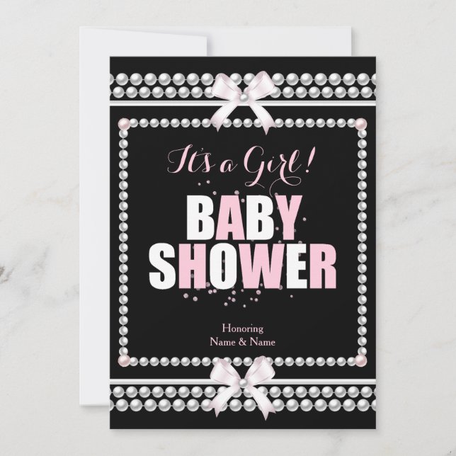 Invitation Baby Shower Fille Rose Perles Noires Sprinkle (Devant)