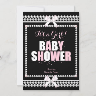 Invitation Baby Shower Fille Rose Perles Noires Sprinkle