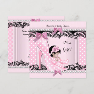 Invitation Baby Shower Fille Rose Points Chaussure à Talon Ha