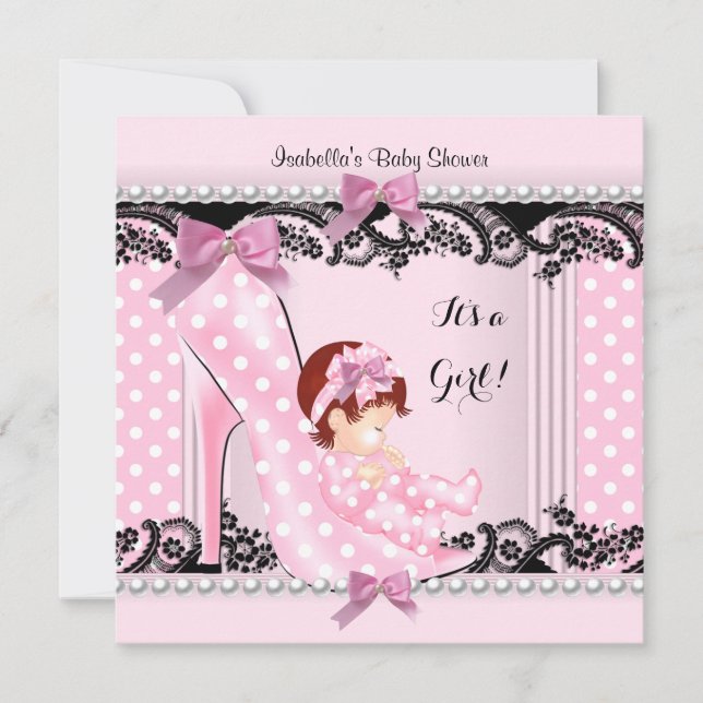 Invitation Baby Shower Fille Rose Points Chaussure à Talon Ha (Devant)