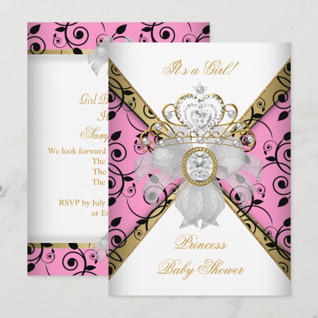 Invitation Baby Shower Fille Rose Princesse Damask Noir (Devant / Derrière)