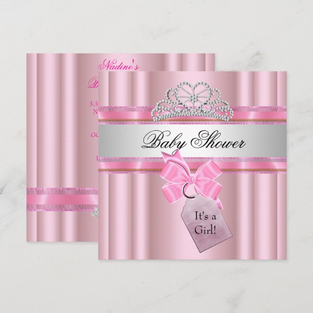 Invitation Baby Shower Fille Rose Princesse Noir (Devant / Derrière)