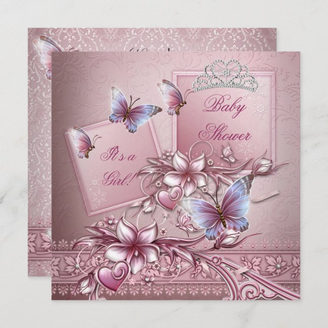 Invitation Baby shower fille rose princesse papillon (Devant / Derrière)
