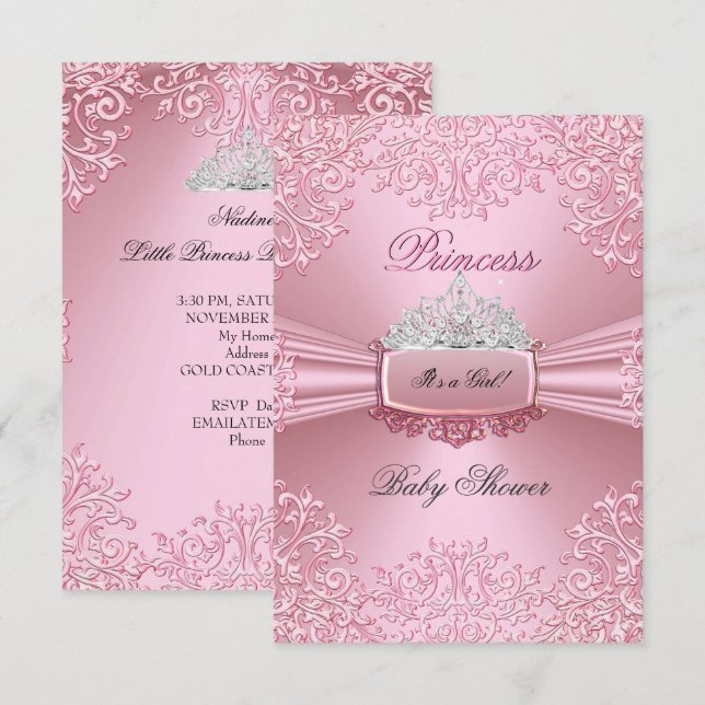 Invitation Baby shower fille rose princesse Tiara dentelle SM (Devant / Derrière)