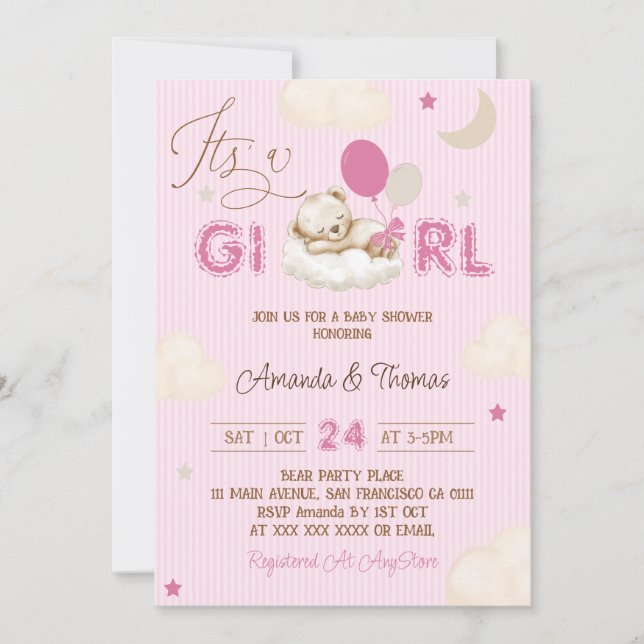 Invitation Baby Shower Fille Rose Rayée (Devant)