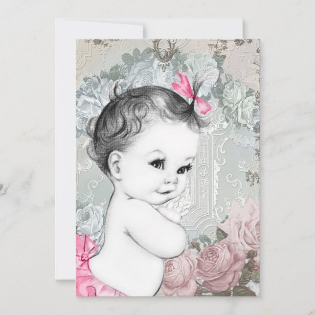 Invitation Baby Shower Fille Rose Rétro (Devant)
