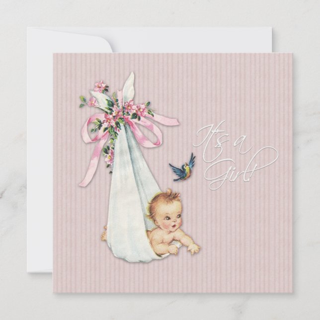 Invitation Baby Shower Fille Rose Rétro (Devant)