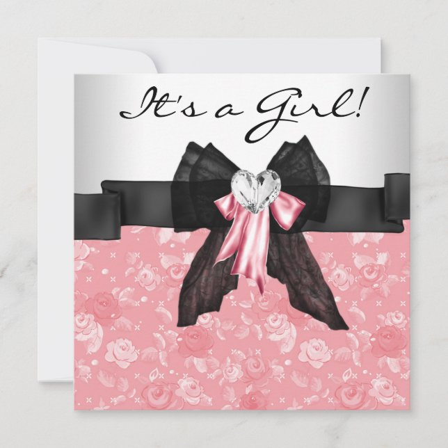 Invitation Baby Shower Fille Rose Rose Noir (Devant)