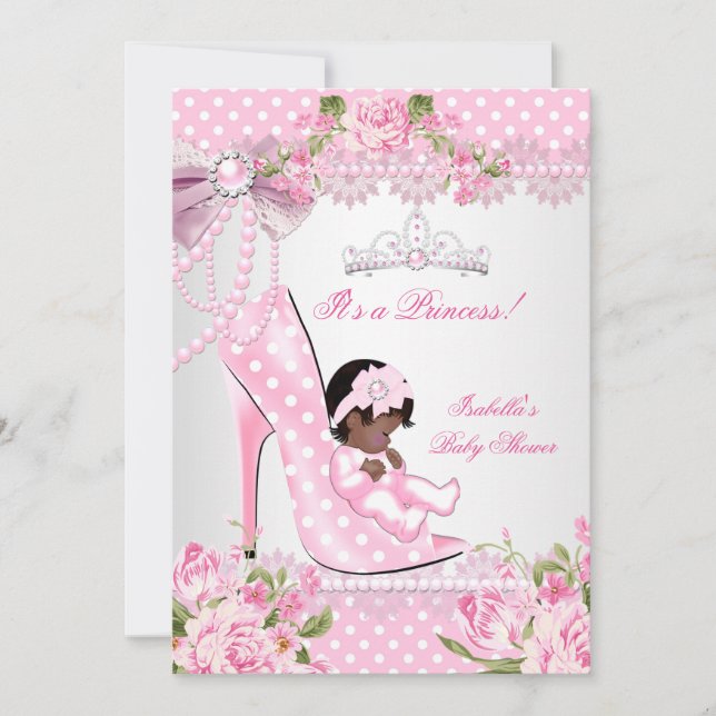 Invitation Baby Shower Fille Rose Rose Pâle Points Chaussures (Devant)