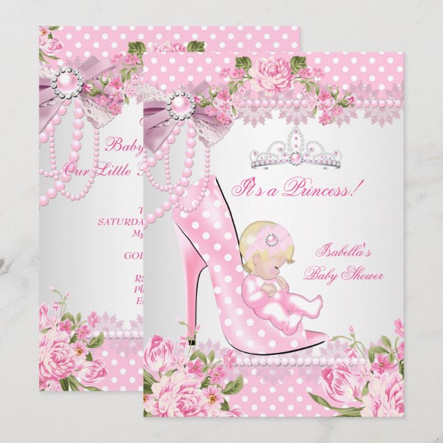 Invitation Baby Shower Fille Rose Rose Pâle Points Chaussures (Devant / Derrière)