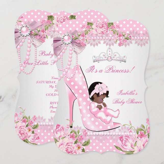 Invitation Baby Shower Fille Rose Rose Poudrée Points Chaussu (Devant / Derrière)