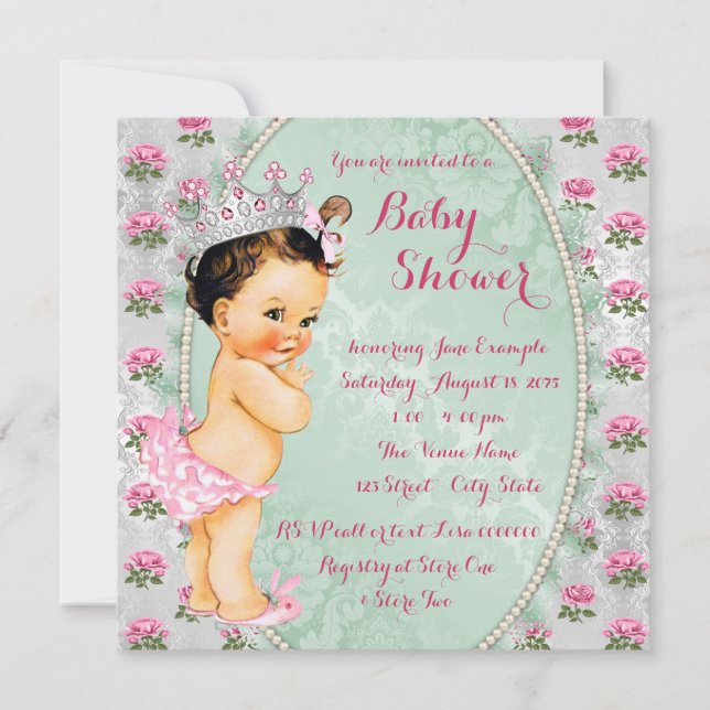 Invitation Baby Shower Fille Rose Rose Verte et Rose (Devant)