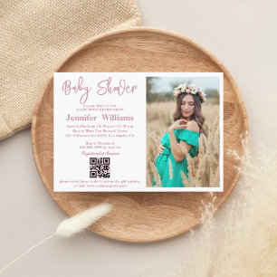 Invitation baby shower fille rose script photo code qr