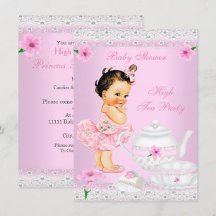 Invitation Baby Shower Fille Rose Thé à la Menthe Party Brune