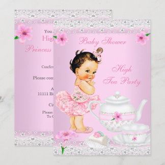 Invitation Baby Shower Fille Rose Thé à la Menthe Party Brune