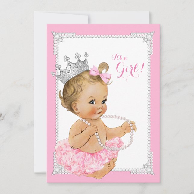 Invitation Baby Shower Fille Rose Tutu Perle Rose (Devant)