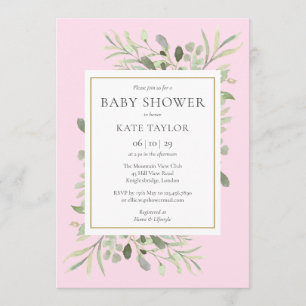 Invitation Baby Shower Fille Rose Végétal Aquarelle