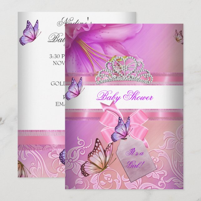 Invitation Baby shower fille rose violet princesse papillon 2 (Devant / Derrière)
