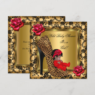 Invitation Baby shower fille Roses rouges Léopard sauvage or