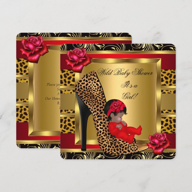 Invitation Baby Shower Fille Roses Rouges Or Léopard Sauvage  (Devant / Derrière)