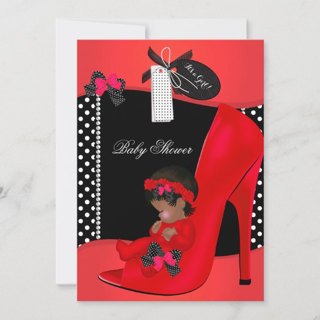 Invitation Baby Shower Fille Rouge Chaussure de Bébé Points P (Devant)