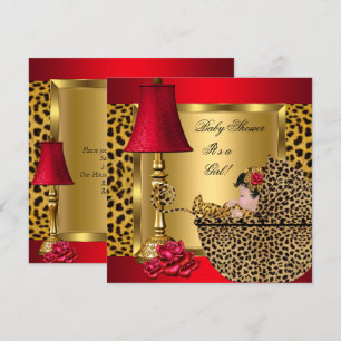 Invitation Baby Shower Fille Rouge Or Roses Léopard Landaus