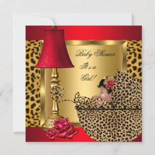 Invitation Baby Shower Fille Rouge Or Roses Léopard Landaus A