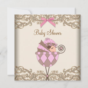 Invitation Baby Shower Fille Ruban Dentelle Rose Marron