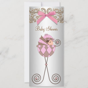 Invitation Baby Shower Fille Ruban Dentelle Rose Marron