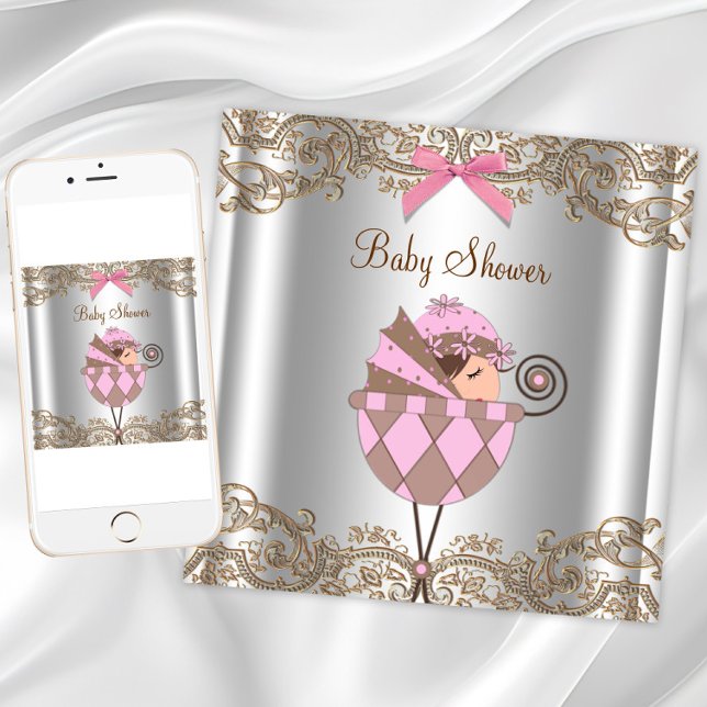 Invitation Baby Shower Fille Ruban Dentelle Rose Marron (Pink brown baby shower invitation with cute baby. Instant download and printed invitations available)